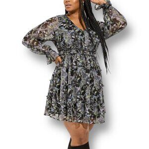 Torrid 3X Floral Black Chiffon Tiered Dress Mini Lurex Long Sleeve Boho V-Neck